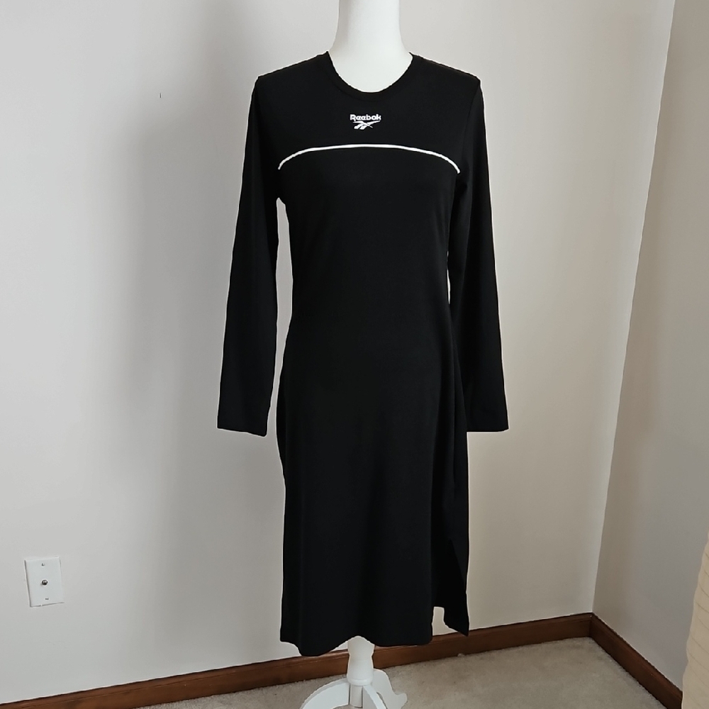 Reebok Athletic Midi Dress Long Sleeve Black Stretch Retro Sportswear Active LG